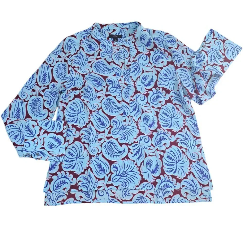 J.Crew Women's Printed Blue Silk Long Sleeves Tunic Top Side Slit Sz Small